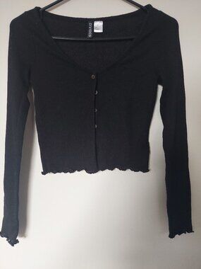 H&M Divided cardigan Women's XS lettuce-edge trim along the hem and cuffs Black